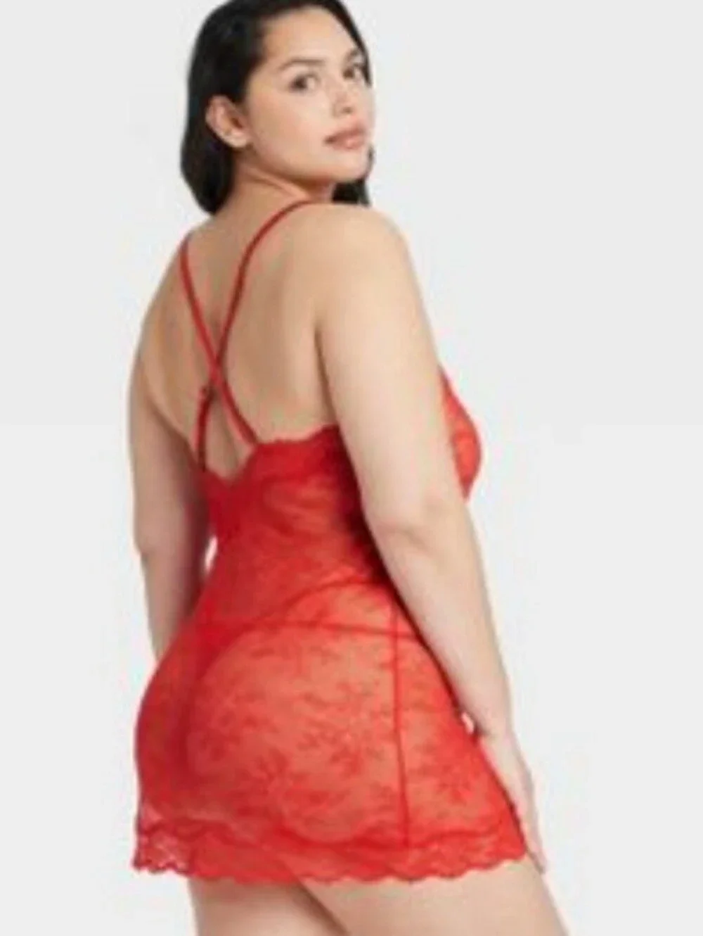 Auden Cherry Red Sheer Lace Baby Doll Mini & Thong Lingerie Set Size L